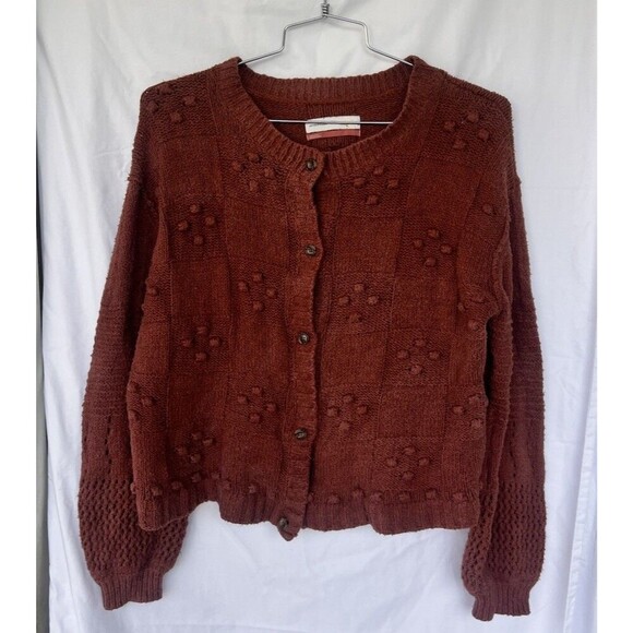 Anthropologie Pilcro Diana Cropped Cable Knit Cardigan Sweater Large Copper - Picture 4 of 12